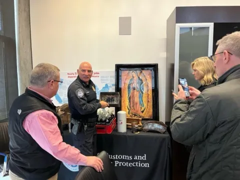 On the left: Agents highlight how they sort through legitimate goods from those trafficking illicit substances. On the right: A CBP agent shares how cartels have gotten creative in smuggling items across the border, including hiding drugs in the back of paintings.
