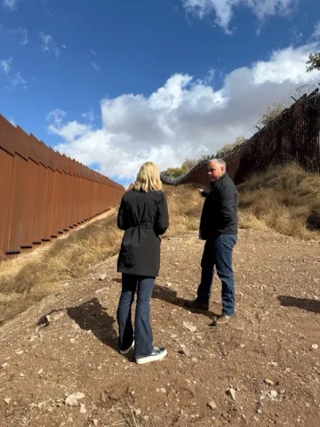 Photo on the right: Rep. Ciscomani highlights how the border wall on the right is the first wall, constructed by Mexico, and the border wall on the left is the second wall constructed by the Obama administration.